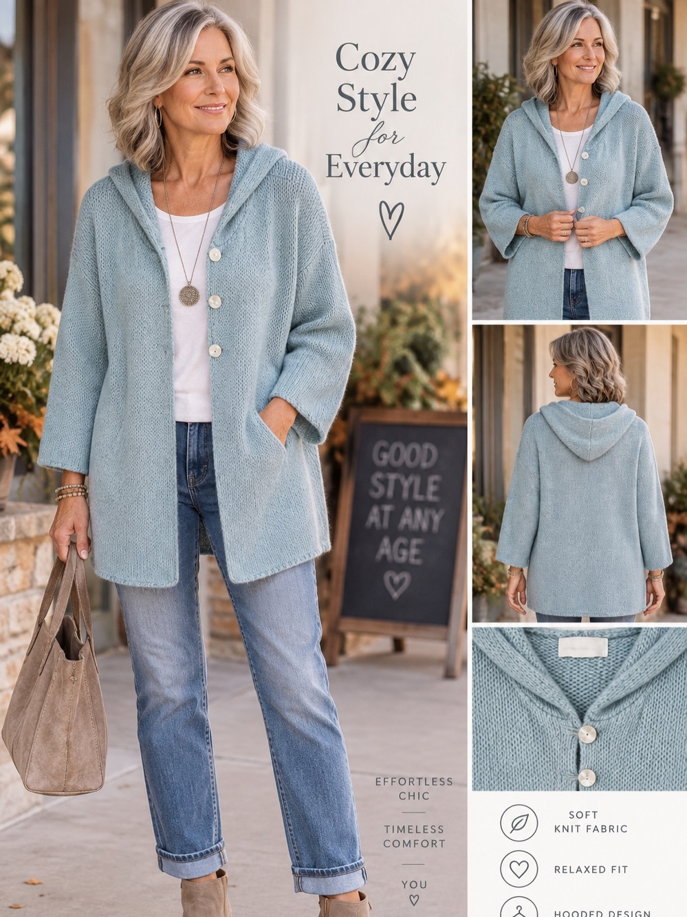 Soft Surroundings Pale Blue Hooded Mohair-Blend Cardigan